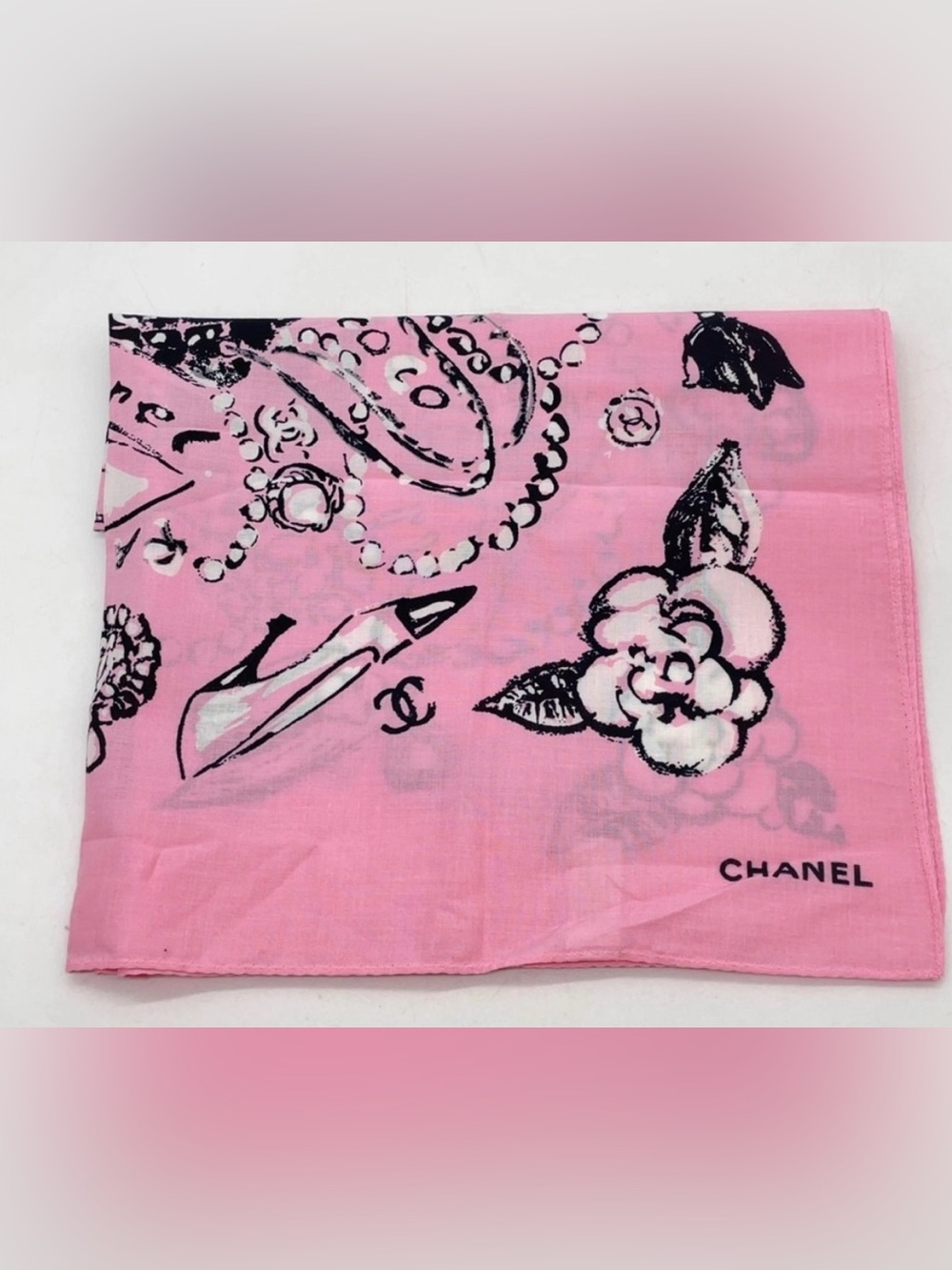CHANEL 93P Pink Cotton Scarf Camellia Pearls Bows Classic Flap Bag Sketch Motifs - Picture 4 of 6